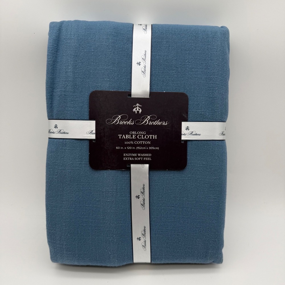 Brooks Brothers Table Cloth Oblong 60x120 Blue New 100% Cotton Enzyme Wash Soft